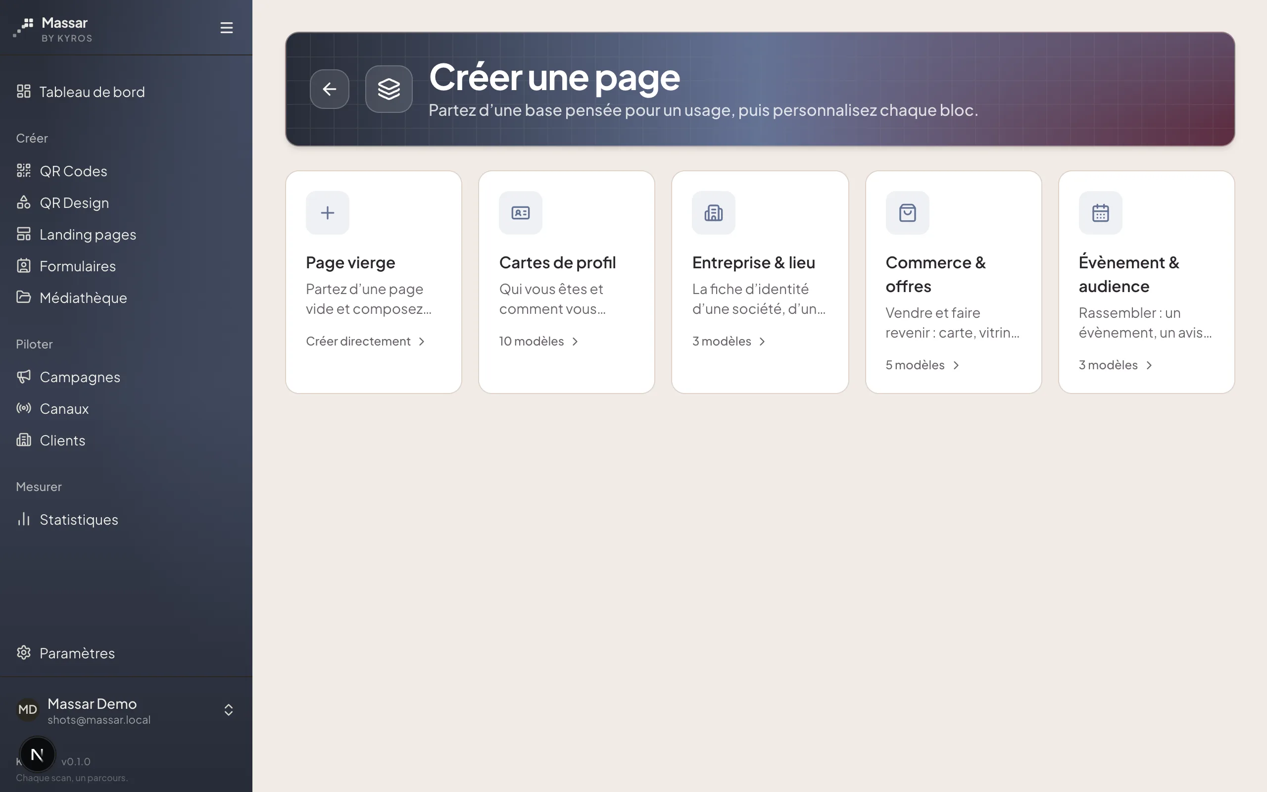Galerie de modèles de page Massar par usage : cartes de profil, entreprise et lieu, commerce et offres, évènement et audience.